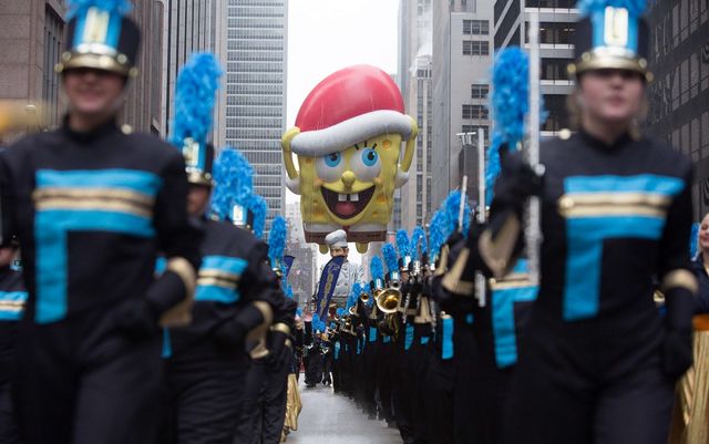 The Spongebob Squarepants balloon floats down Sixth Avenue during the 88th Annual Macy's Thanksgiving Day Parade in New York