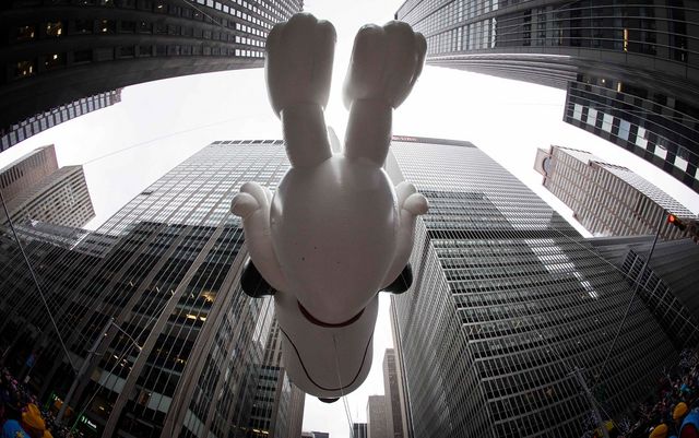 The Snoopy balloon floats down Sixth Avenue during the 88th Annual Macy's Thanksgiving Day Parade in New York