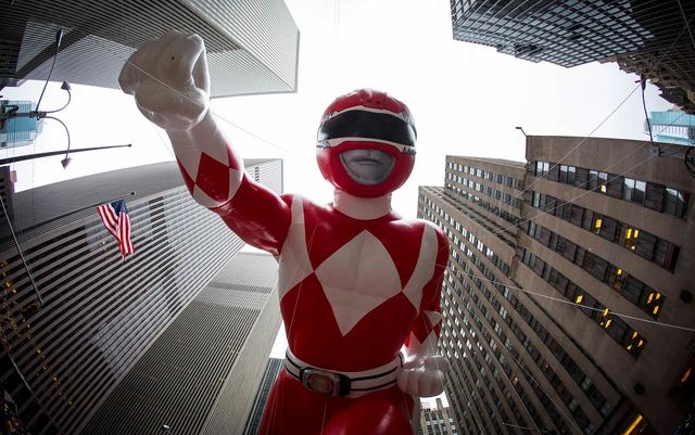 The Red Mighty Morphin Power Ranger balloon floats down Sixth Avenue during the 88th Annual Macy's Thanksgiving Day Parade in New York